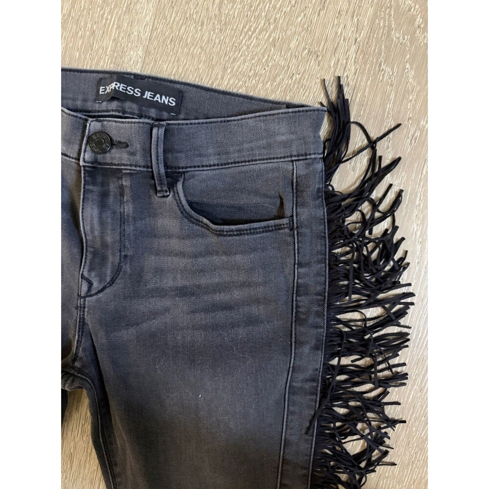 Women’s Express Mid Rise Black Fringe Jeans Dark Wash Cowgirl Denim Size 4R - Picture 2 of 7